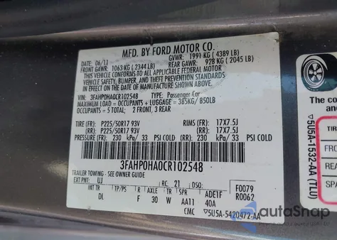 2012 Ford Fusion Se from USA, damaged, VIN 3FAHP0HA0CR102548